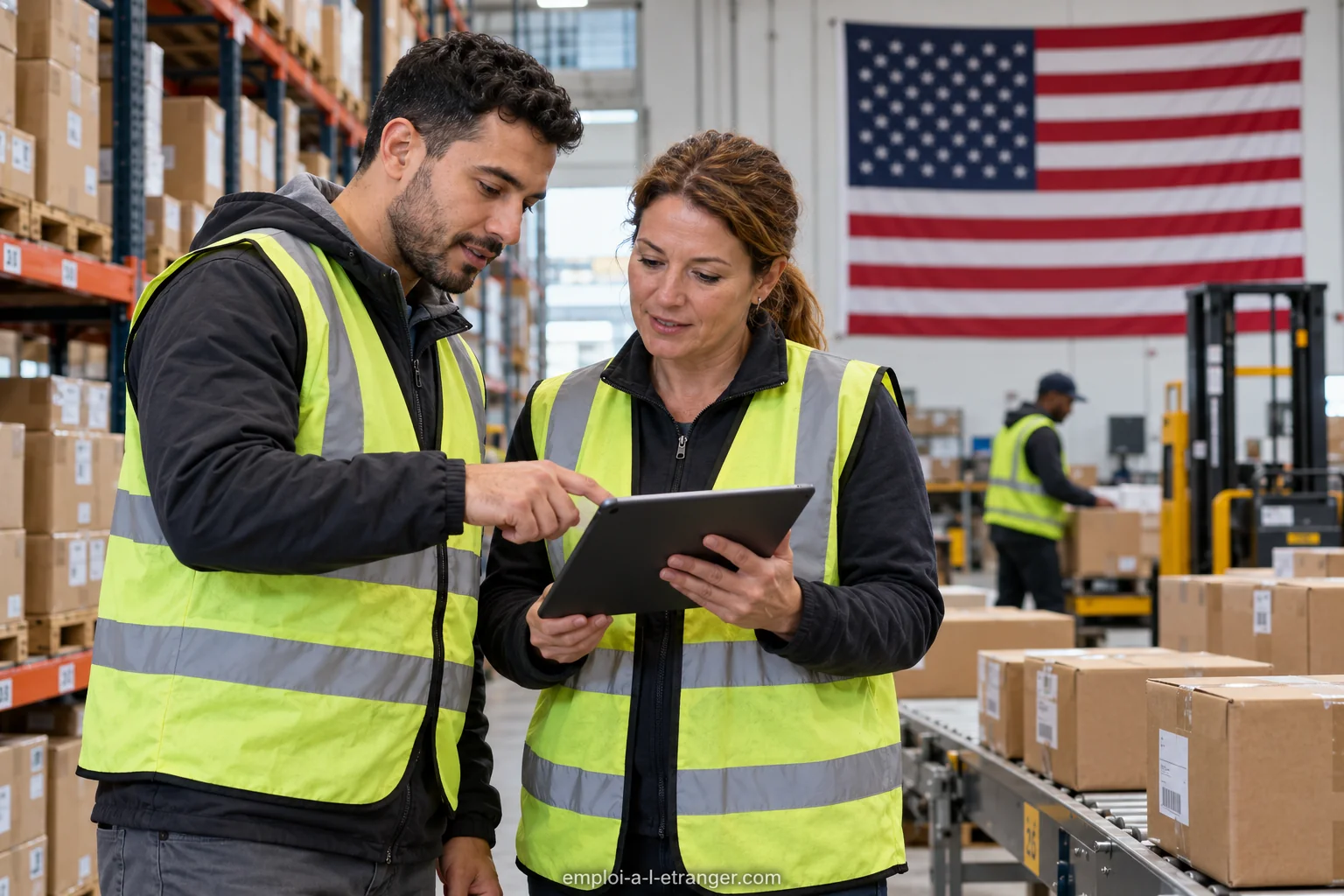Un dipendente e una responsabile controllano le spedizioni in un centro logistico negli Stati Uniti.