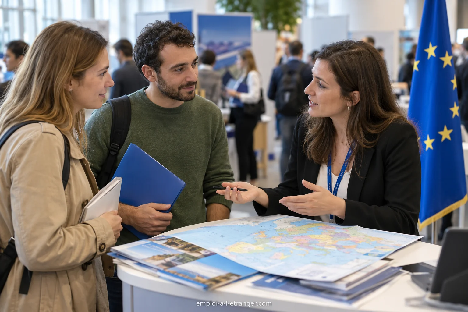 Deux candidats et une conseillère échangeant devant une carte dans un espace de mobilité européenne.