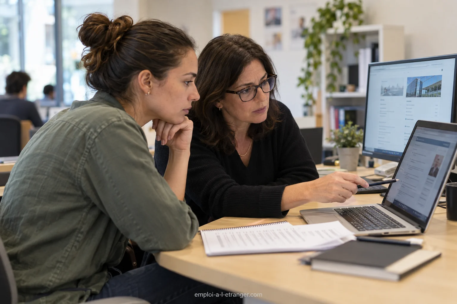 Candidate et conseillère comparant une offre et les informations sur l’employeur sur deux écrans.