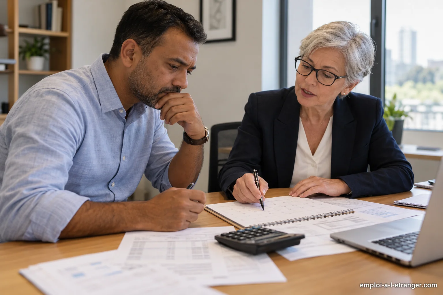 Employee and adviser reviewing a calendar and documents to prepare tax questions.