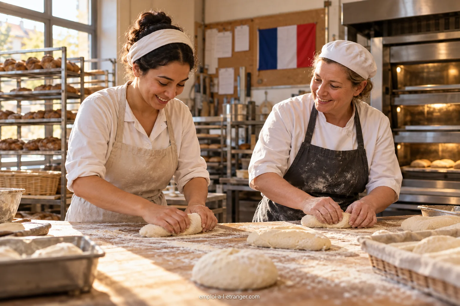 Zwei Bäckerinnen formen Brot in einer französischen Bäckerei