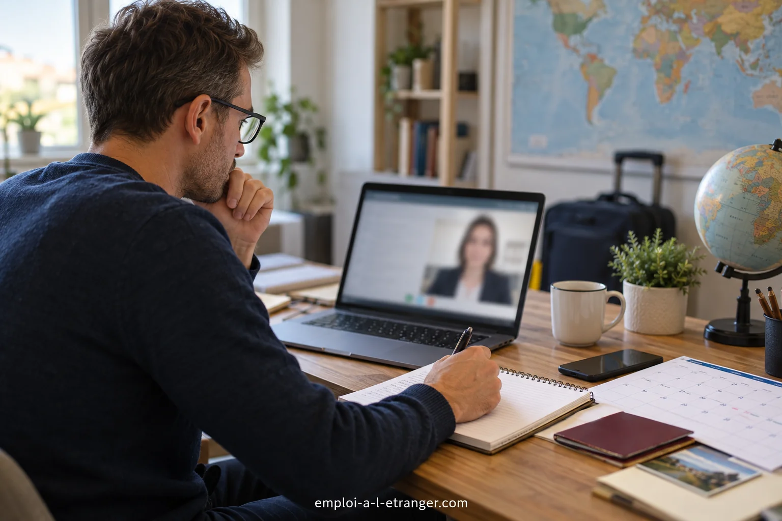 Préparation des dates de départ en visioconférence avec un calendrier et un carnet au domicile.