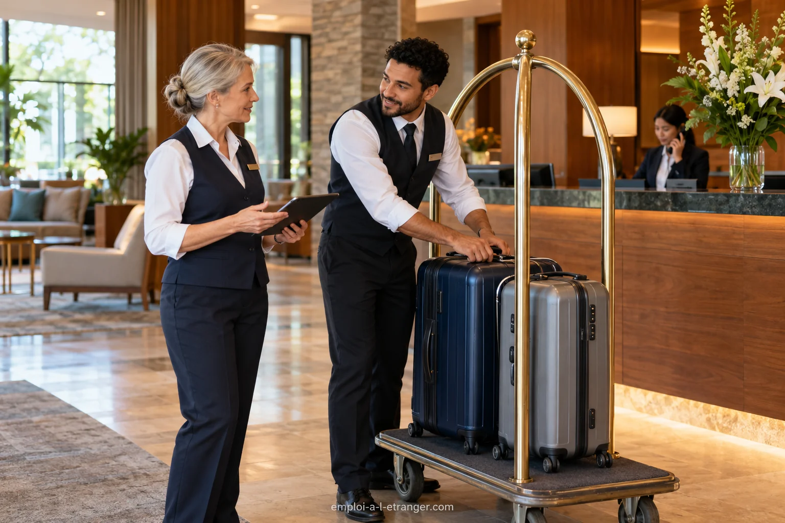 Hotel staff organising a guest’s arrival and carrying luggage across the lobby of a hotel while the guest is welcomed.