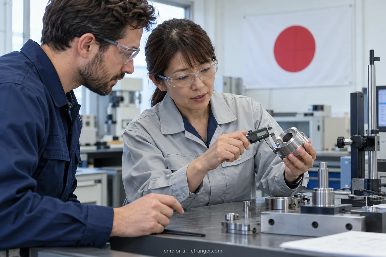 Fachkraft und Ingenieur prüfen in Japan ein Metallteil mit einem digitalen Messschieber