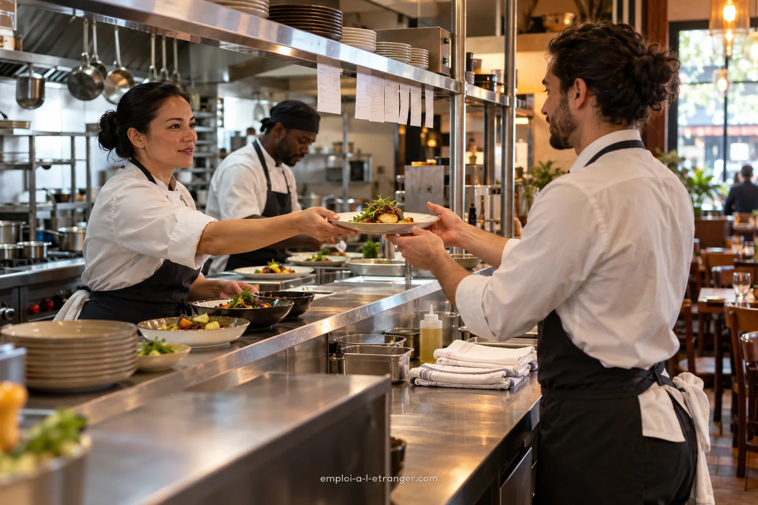 Kitchen team handing a plate to waiting staff at the pass during the evening service in a busy restaurant