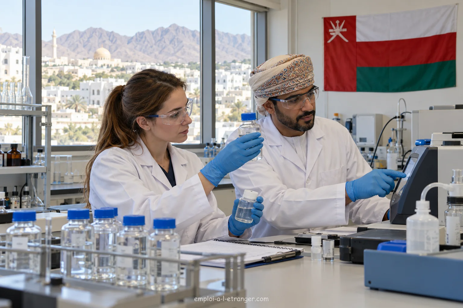Zwei Fachkräfte prüfen Wasserproben in einem Labor im Oman