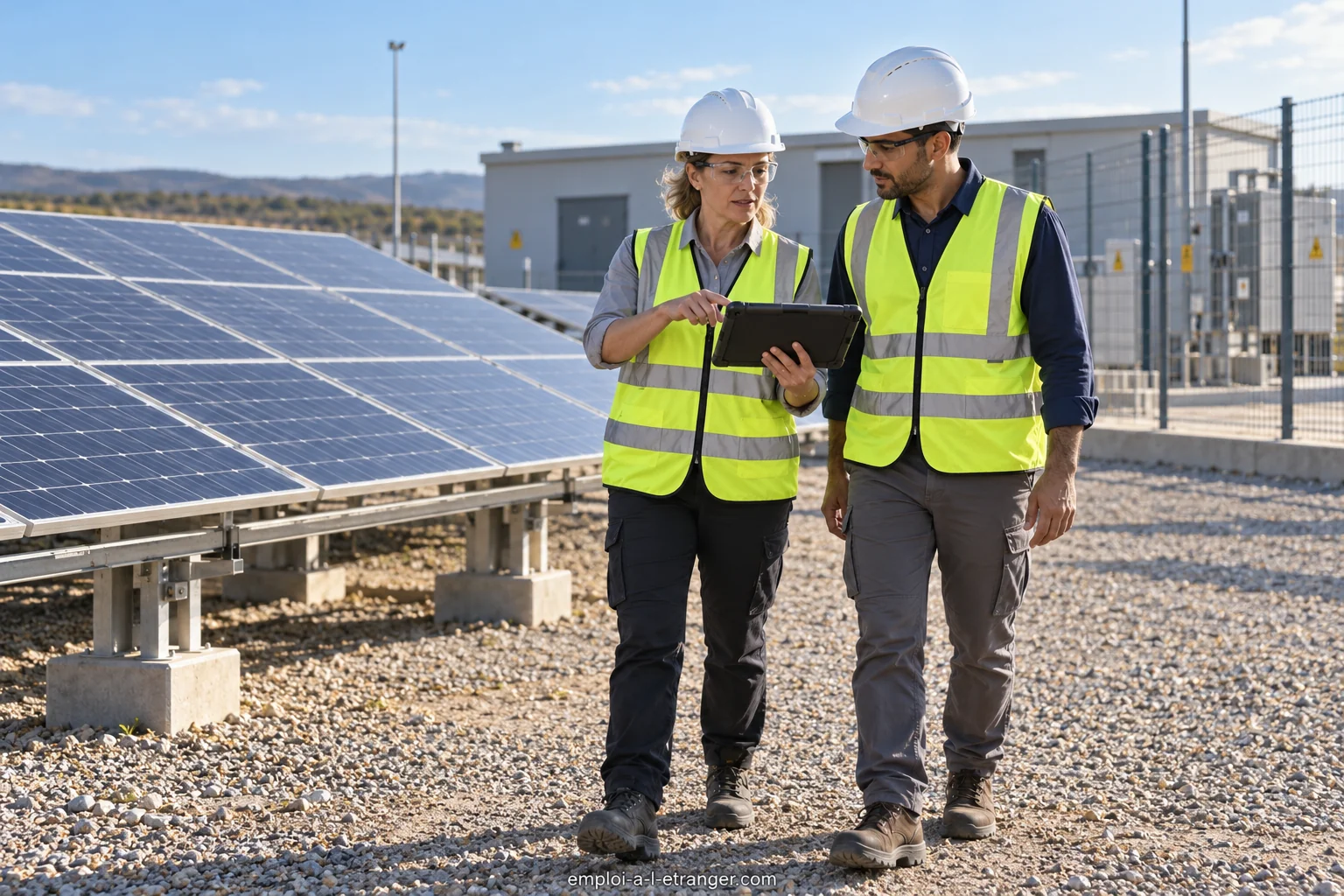 Engineer and colleague inspecting a solar installation with a tablet