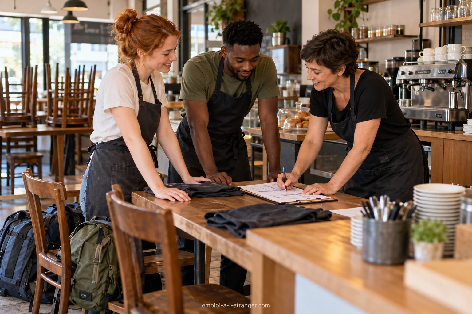 Deux jeunes adultes et un responsable préparant leur prise de poste dans un café.