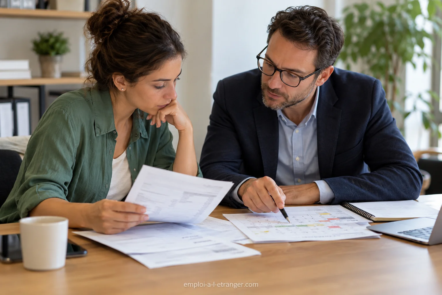 Entretien de conseil sur un salaire impayé, avec des fiches, des relevés d’heures et un calendrier posés sur la table.