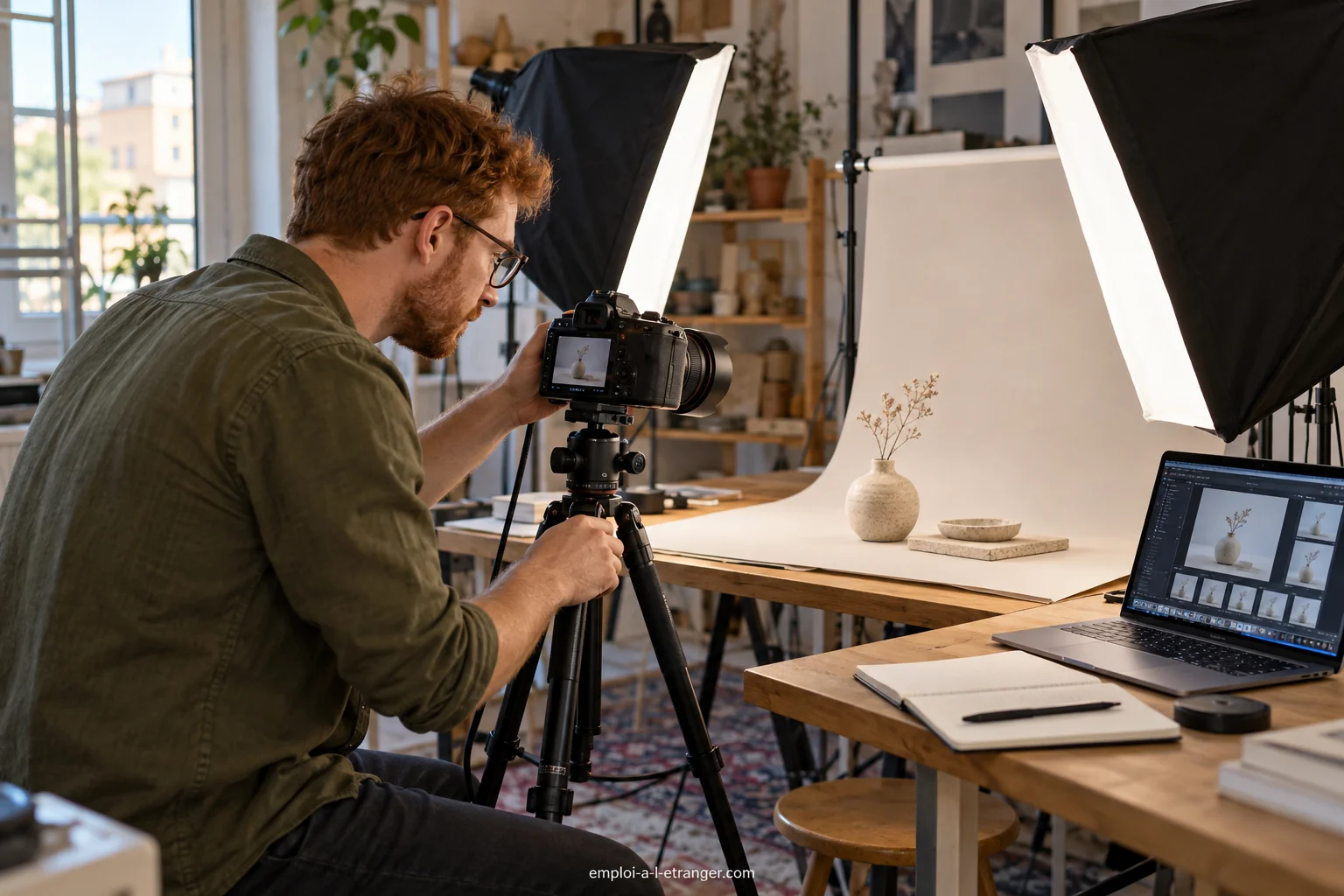 Photographe indépendant réalisant des prises de vue de produits dans son studio