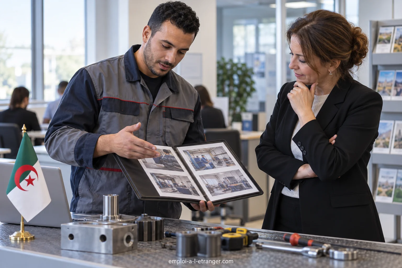 Technician presenting a portfolio of his work during an international mobility appointment with an adviser seated across the table