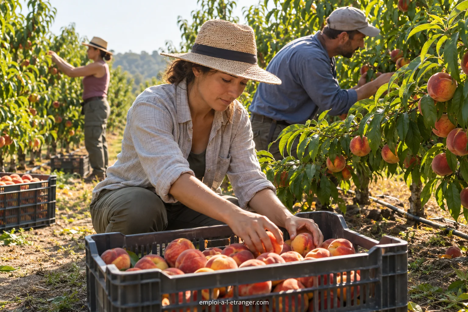 Arbeitskräfte ernten Pfirsiche in einer Obstplantage