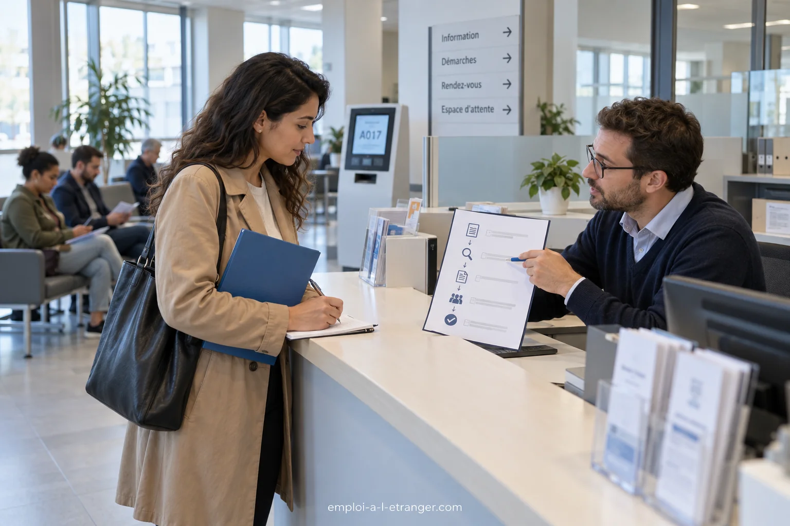 Visitor discussing residence procedures at an information counter