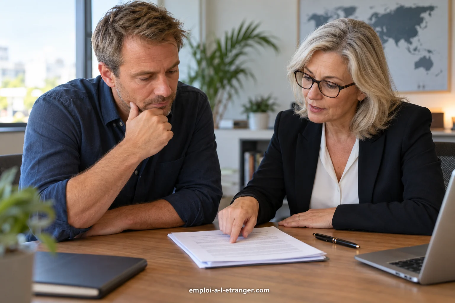 Candidate and adviser reviewing a contract before signing, with a closed pen beside it.