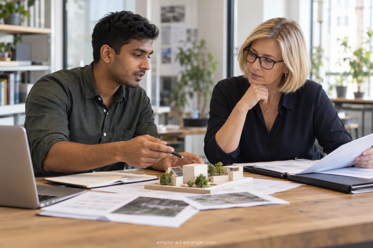 Jeune professionnel et mentor discutant d’une mission avec une maquette et un dossier.