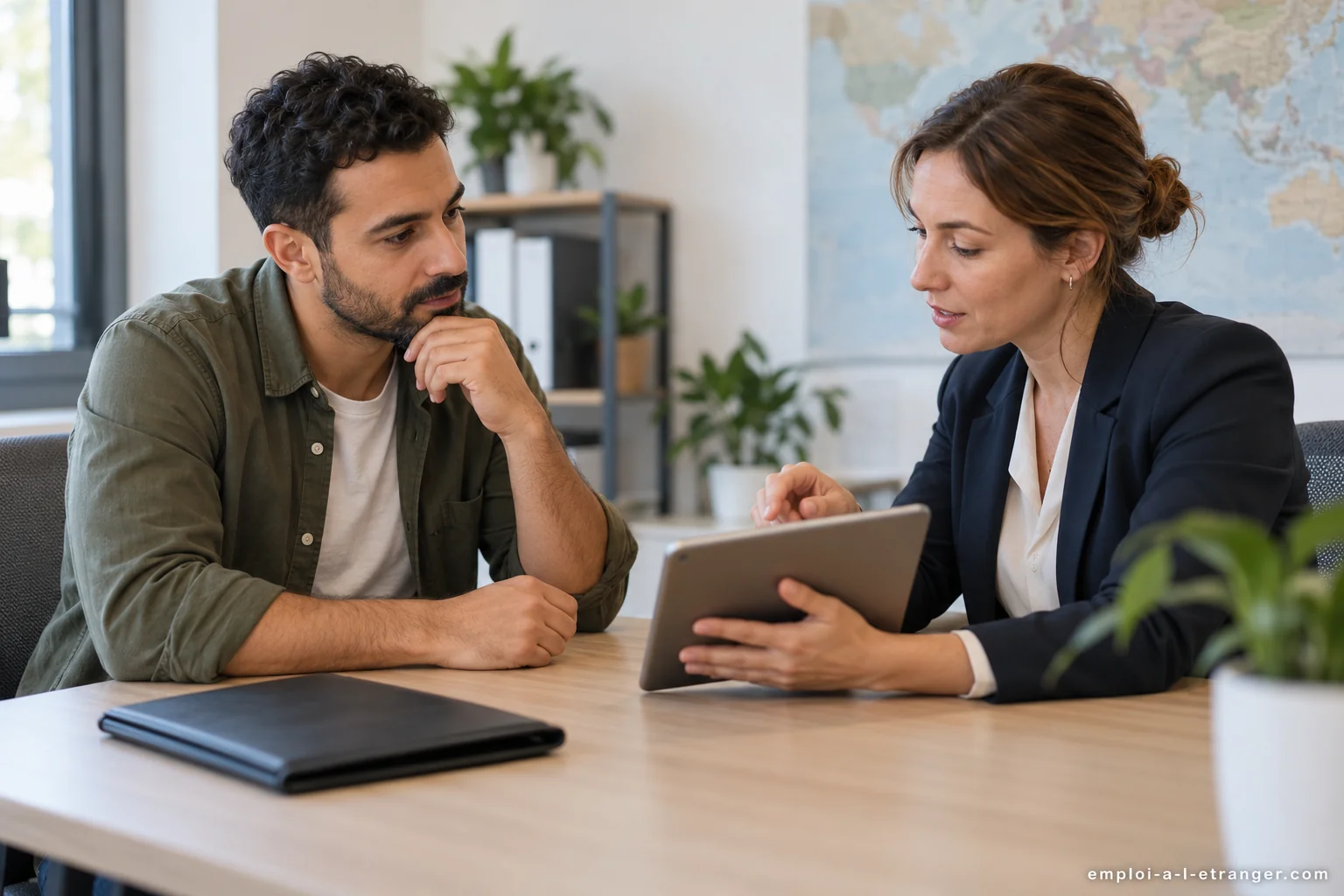 Professional discussion of visa and work procedures using a tablet.